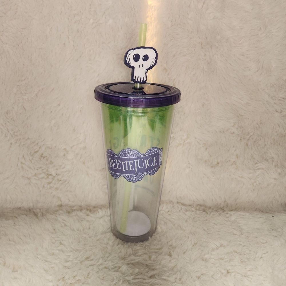 Beetlejuice "Strange & Unusual" 24oz Green Ombre Tumbler Skull Straw Topper NWT